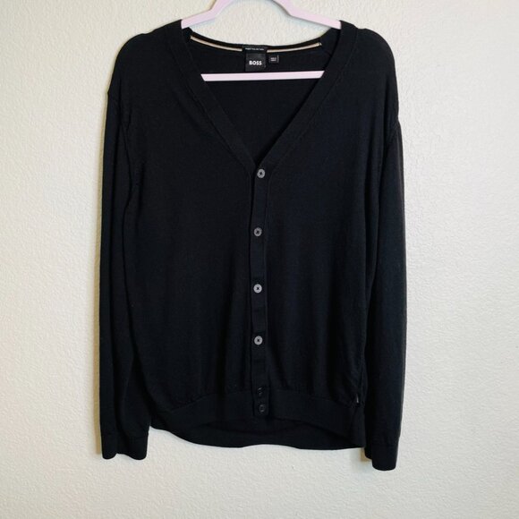 BOSS Hugo Boss Mens Black V Neck 100% Virgin Wool Button Cardigan Sweater Jumper - Picture 1 of 5